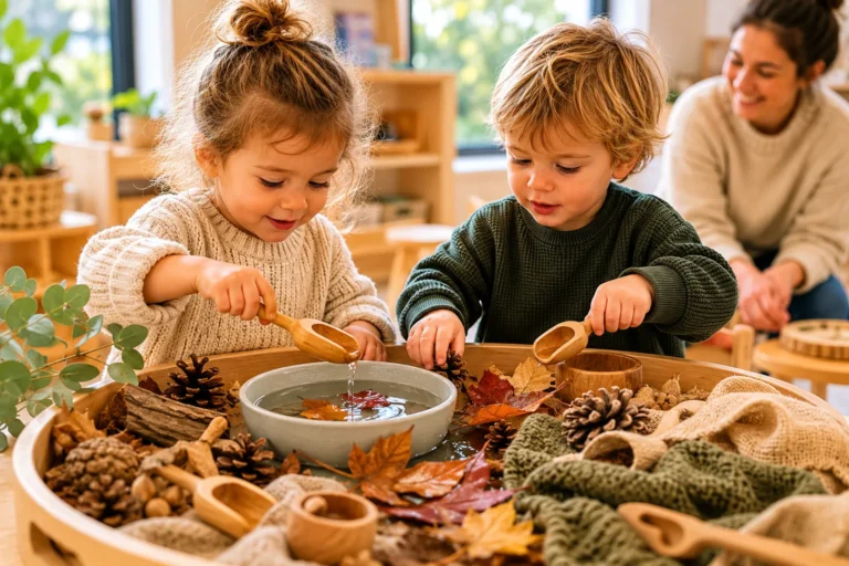 Two young children explore a winter sensory play table with leaves, pinecones, wooden scoops, and water at Starfish ELC.