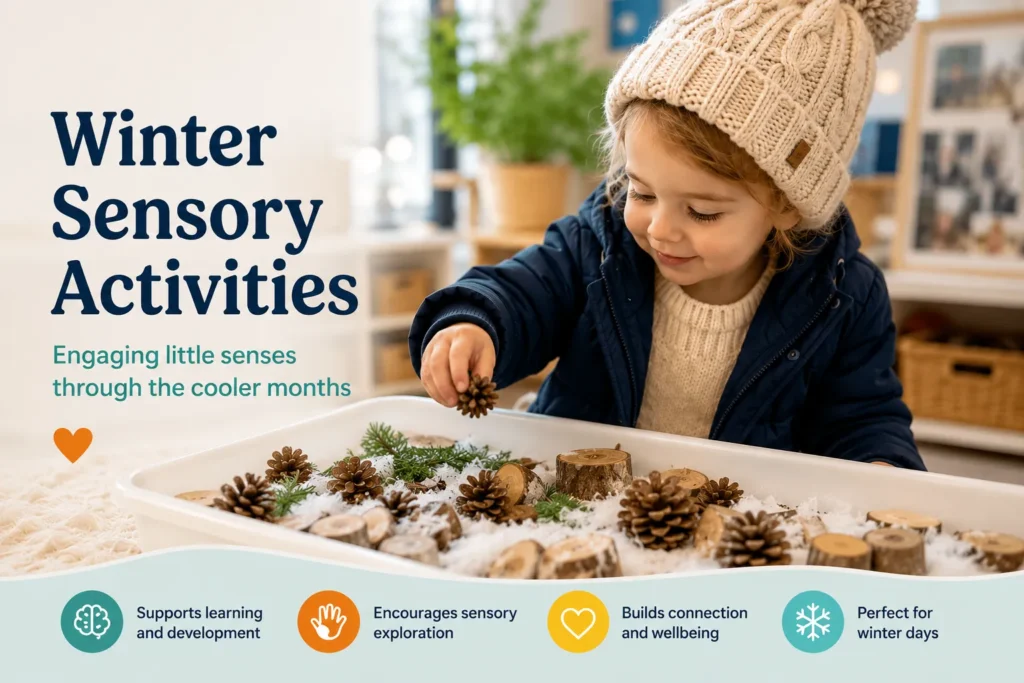 Child exploring a winter sensory tray with pinecones and natural materials indoors at Starfish ELC.