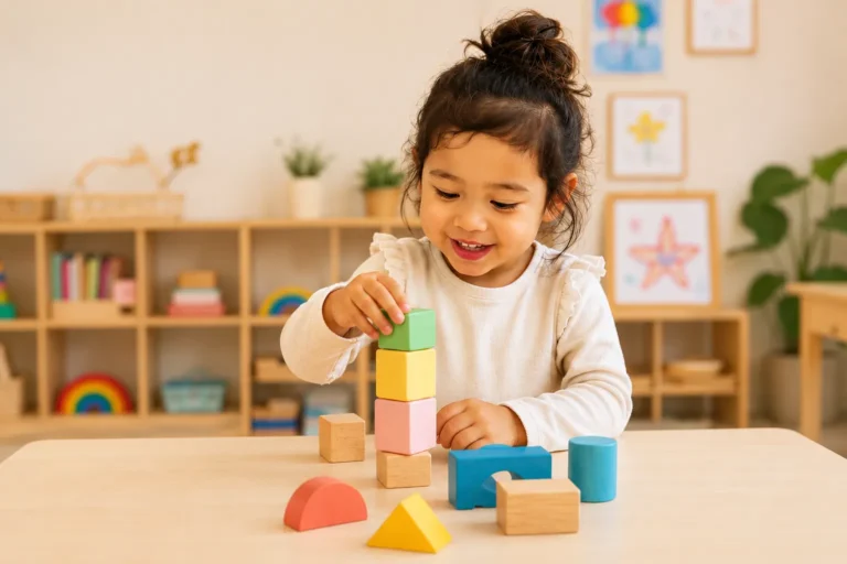 Young child building a tower with colourful wooden blocks in a warm early learning classroom.