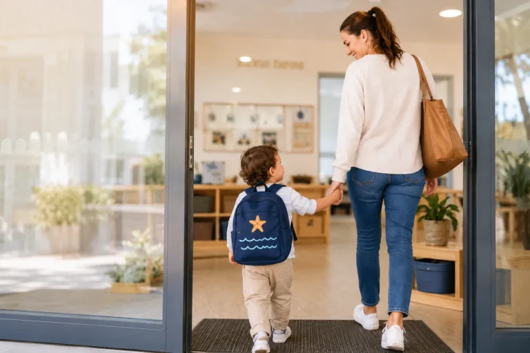 Parent and young child holding hands as they walk into a warm early learning centre.