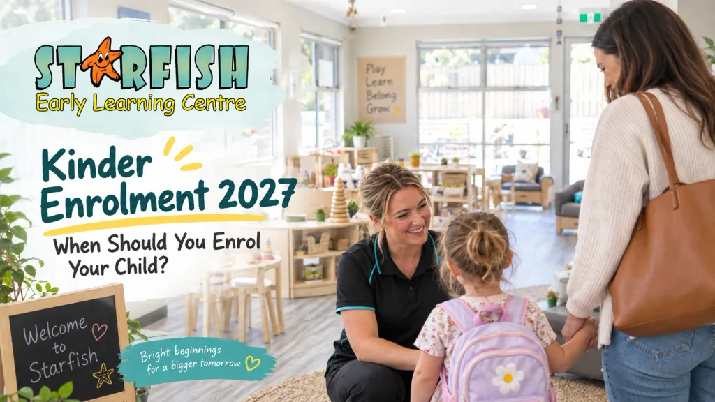 Parent and child welcomed by an educator at Starfish Early Learning Centre for Kinder Enrolment 2027